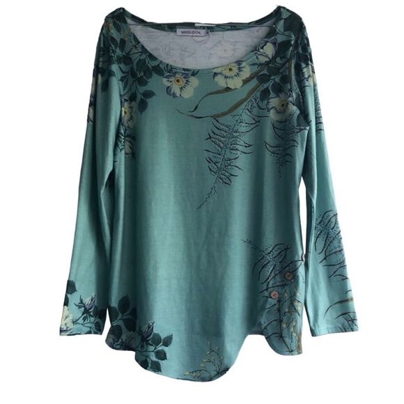 MISSLOOK Women’s Long Sleeves Stretchy Green Flowered Blouse Front Button Design - Picture 1 of 6